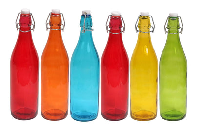 Machak Baatli Glass Water Bottle for Kitchen Home Decor |1 litre | (Set of 6) | Multicolour