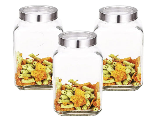 Machak Cubikal Big Kitchen Containers For Storage Glass Jar Set with Steel Cap, 3kg, Clear (Set of 3)