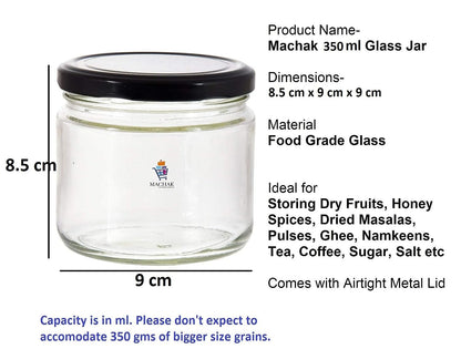 Machak Round Glass Jar For Kitchen Container For Storage Airtight, 350ml, Black Lid (6)