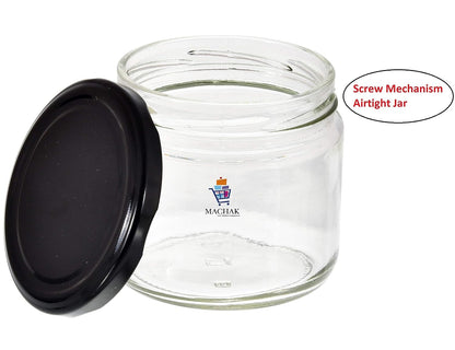 Machak Round Glass Jar For Kitchen Container For Storage Airtight, 350ml, Black Lid (6)