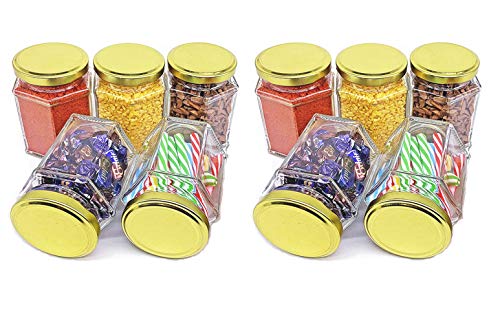 MACHAK Hexagon Glass Jar Storage Container with Air Tight Lid (Transparent, 260 ml) - Set of 14