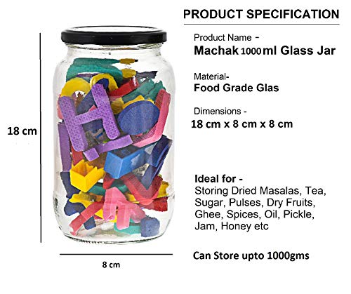 Machak Big Round Glass Jar Containers For Kitchen Storage With Airtight Black Lid, 1kg